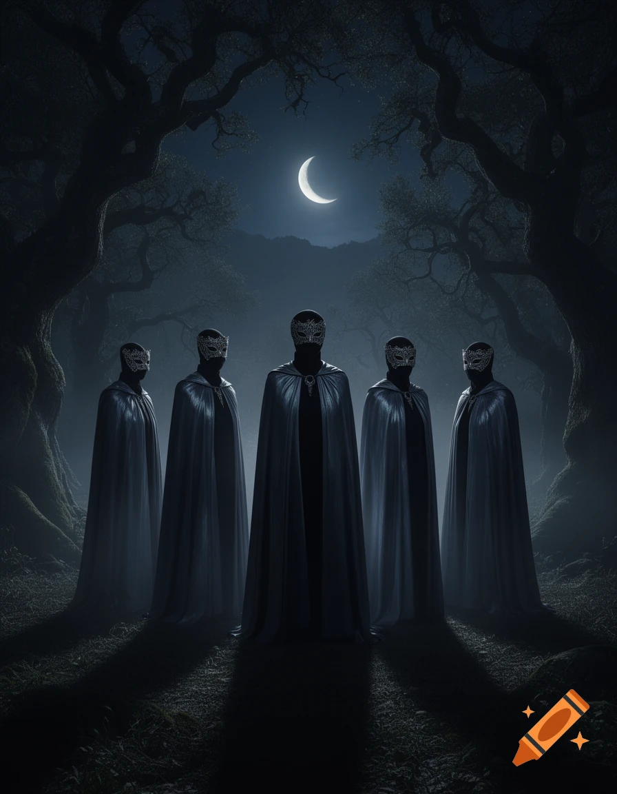 Five mysterious masked figures in dark cloaks stand in an eerie moonlit forest at night.