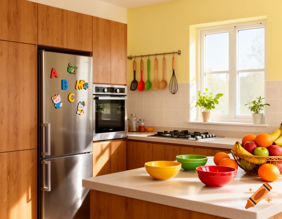A bright, modern kitchen with wooden cabinets, a stainless steel fridge with magnetic letters, a stove, and a fruit bowl on the counter.
