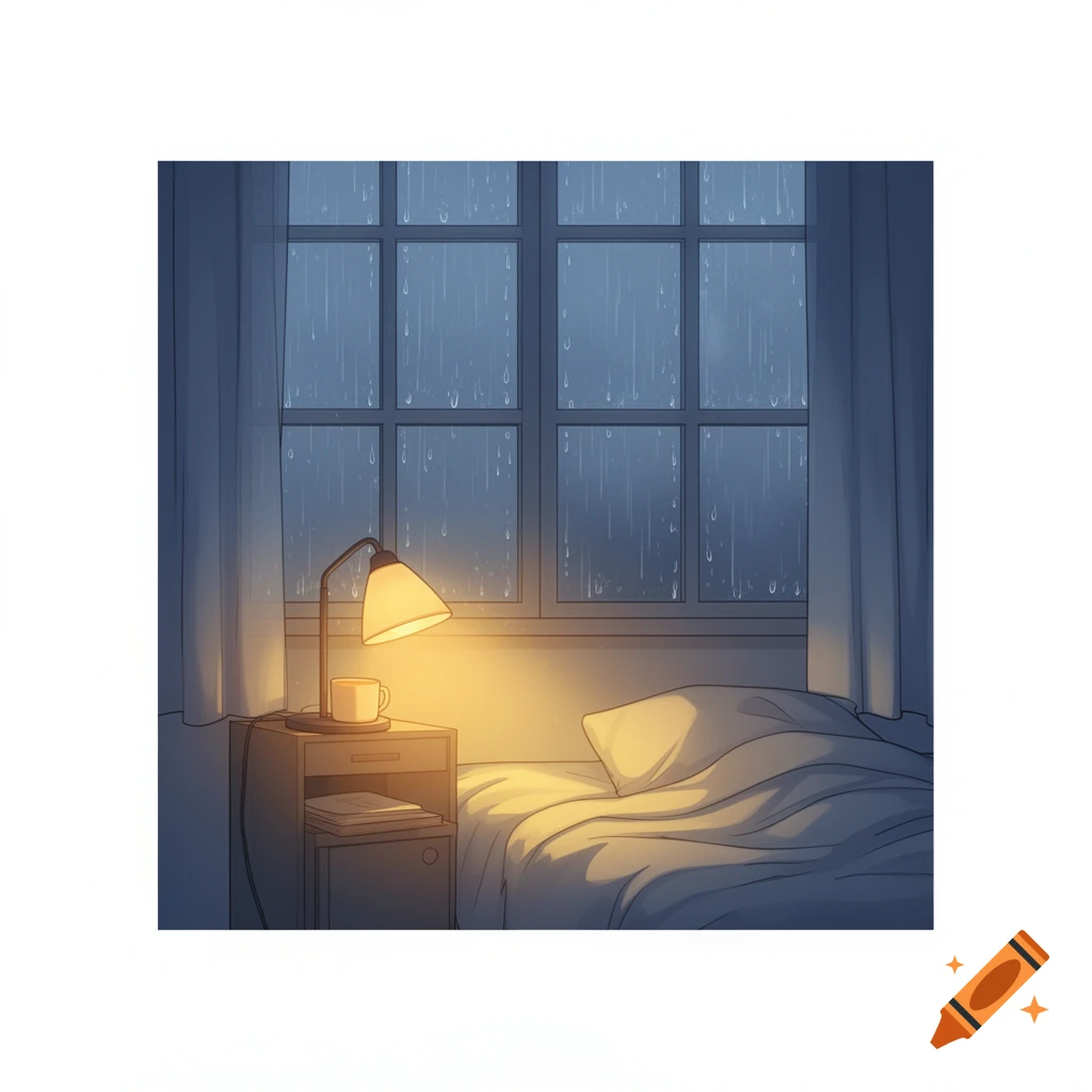 A cozy anime-inspired illustration of a dim bedroom with a glowing desk lamp and rain falling outside the window.