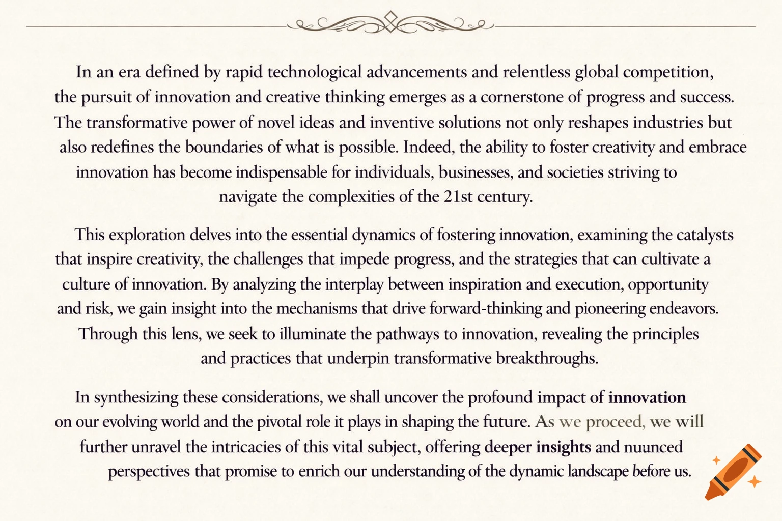 An introductory paragraph about innovation and technology on a light background, featuring a decorative scroll at the top.