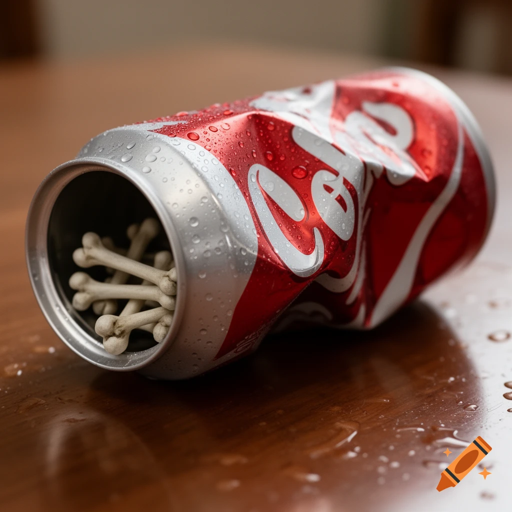 A crushed Coca-Cola can filled with small bones lies on a wet wooden surface.