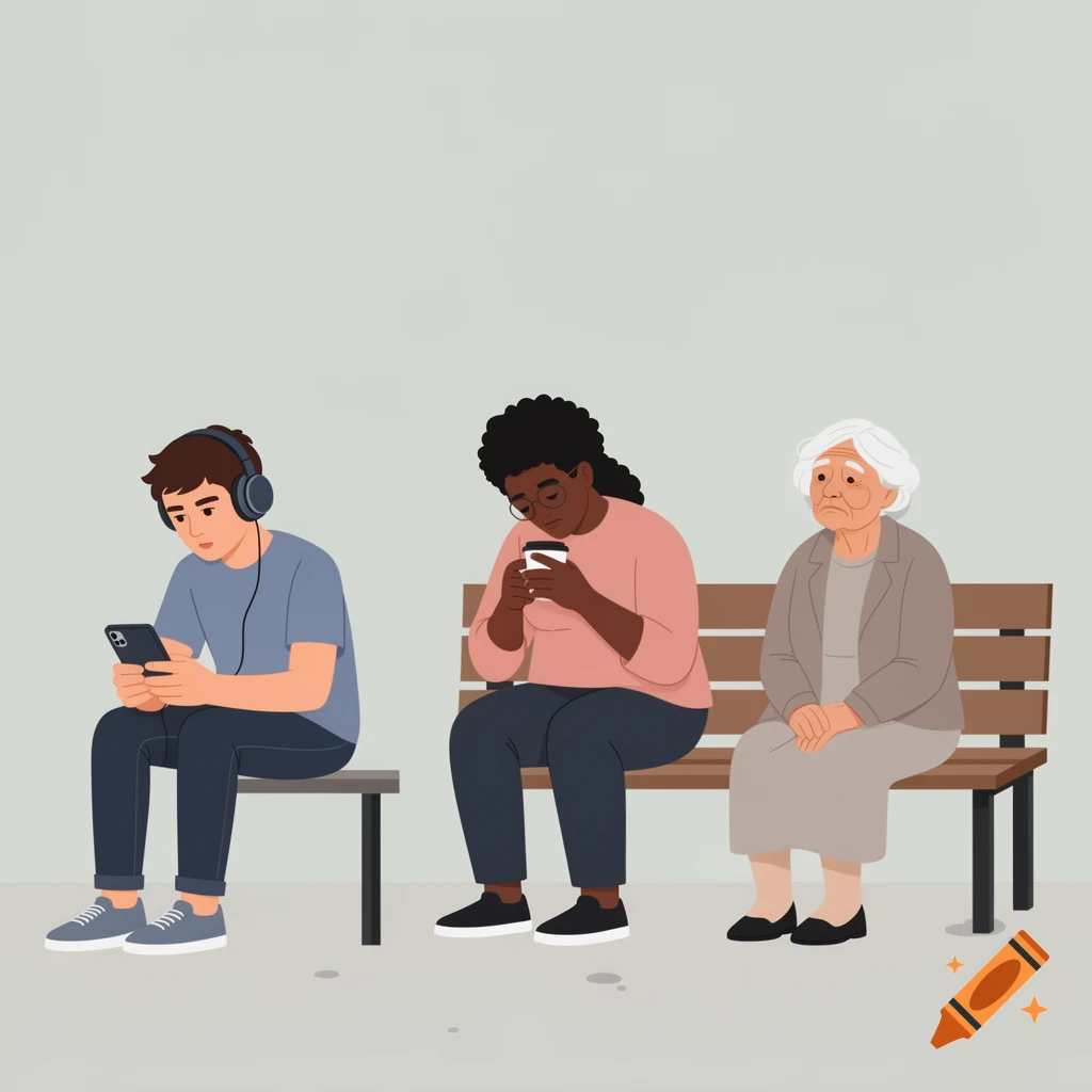 A flat vector illustration shows a young man, a woman, and an elderly woman sitting separately on benches, looking down at phones or coffee.