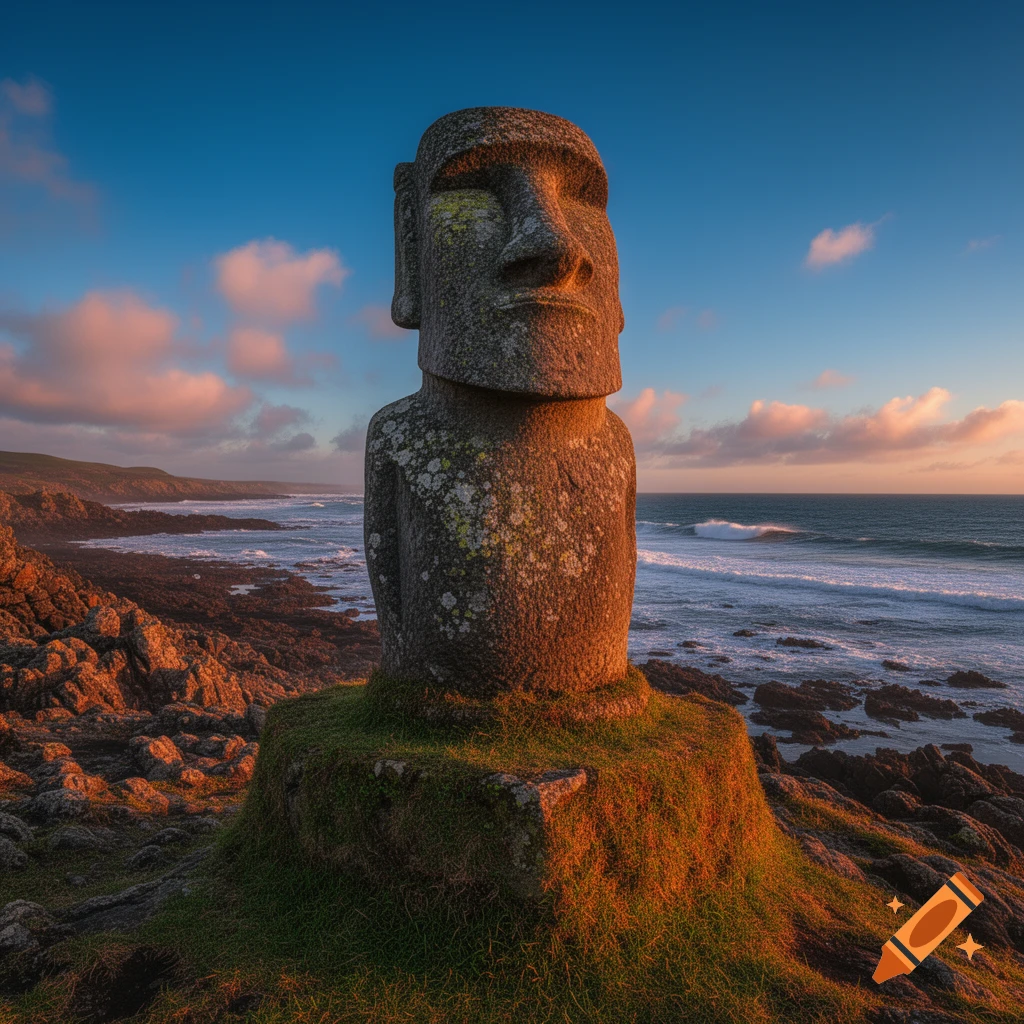 A large stone Moai statue stands on a grassy, rocky coast, illuminated by golden sunset light, with the ocean in the background.