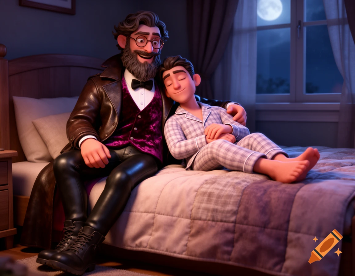 A 3D animation of a bearded man in a leather coat cuddling a younger man in pajamas on a bed in a moonlit bedroom.