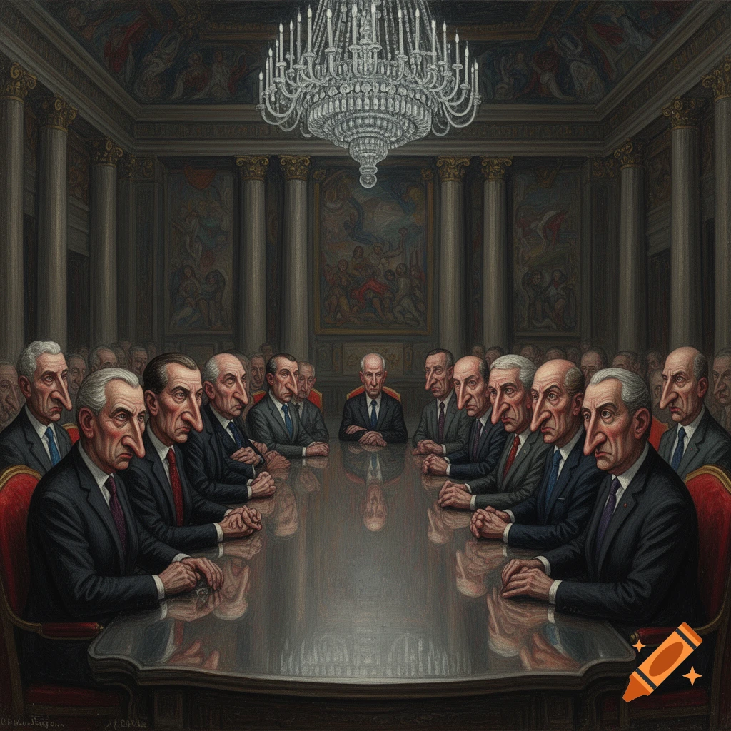 Painting in Otto Dix style depicting many men with exaggerated long noses and serious expressions in a formal meeting room.