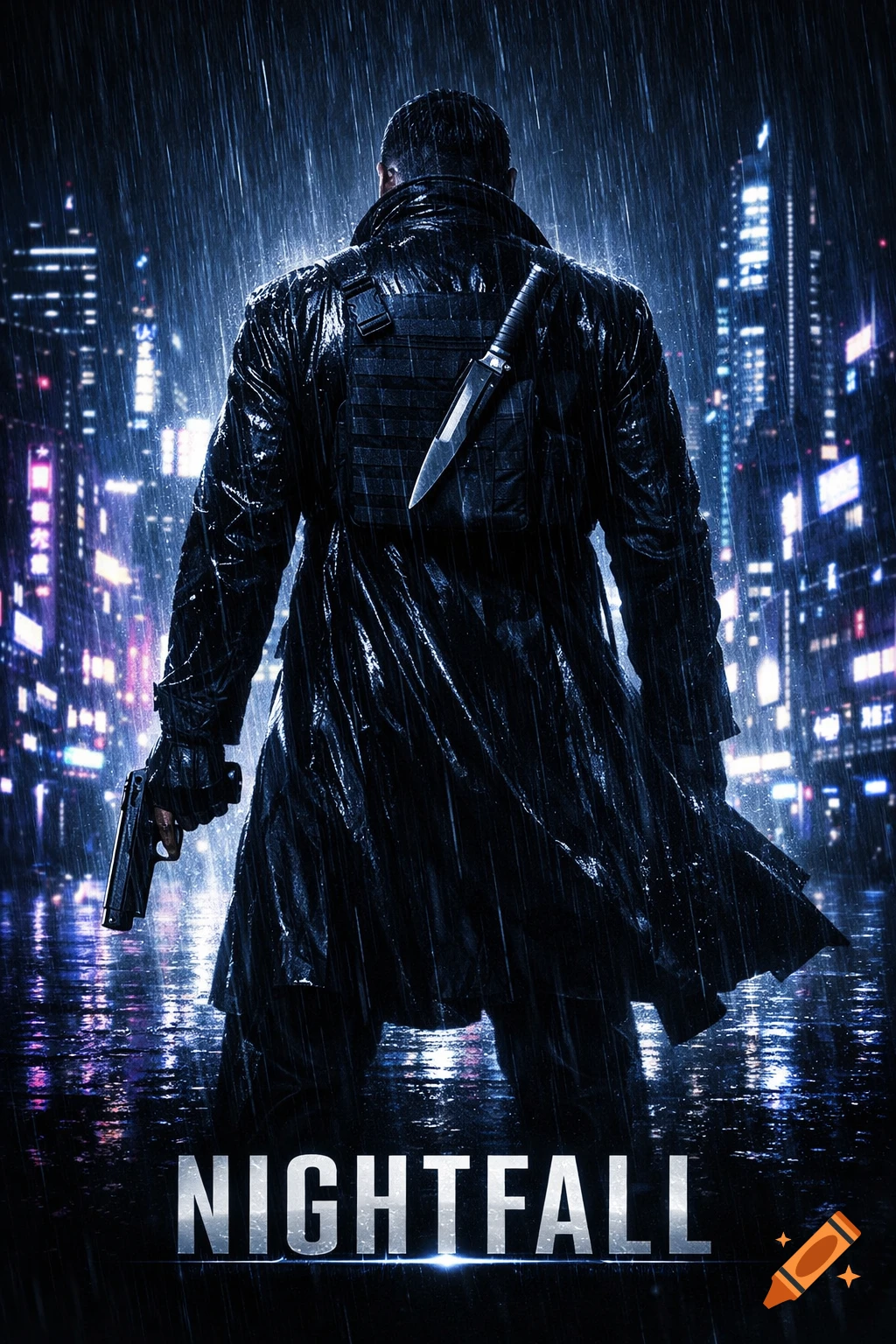 A lone tactical assassin stands in a rainy neon city, holding a pistol, with a knife on their back. The title 'NIGHTFALL' is at the bottom.
