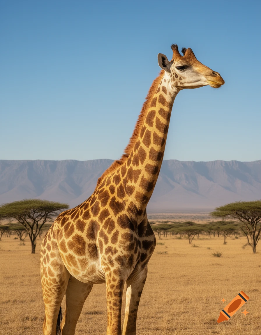 A majestic photorealistic giraffe stands tall in a sunlit savanna with scattered acacia trees and distant mountains.