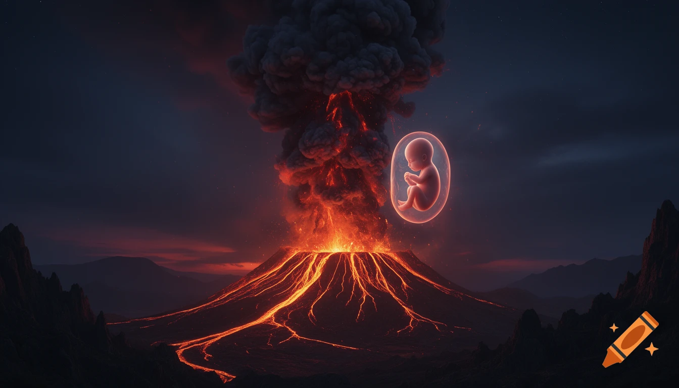 A glowing fetus in a bubble hovers beside an erupting volcano with flowing lava and dark smoke against a night sky.