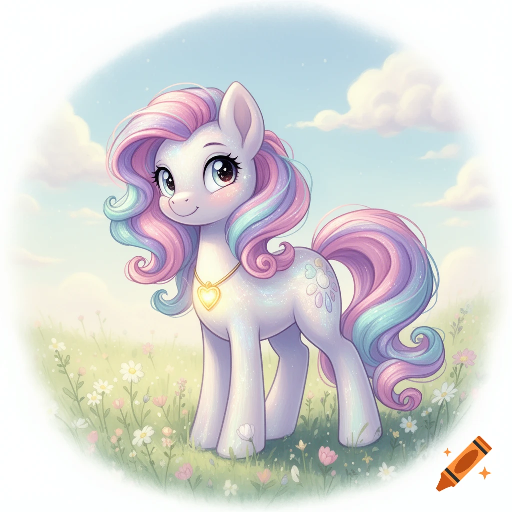 A cute white pony with pastel rainbow mane and tail, wearing a gold heart necklace, stands in a flowery field under a cloudy sky.