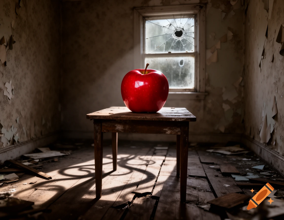 A single bright red apple sits on a weathered wooden table in a dimly lit, dilapidated room with peeling walls and a broken window.
