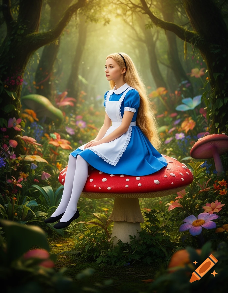 Alice in Wonderland sits on a giant red mushroom in a vibrant, magical forest.