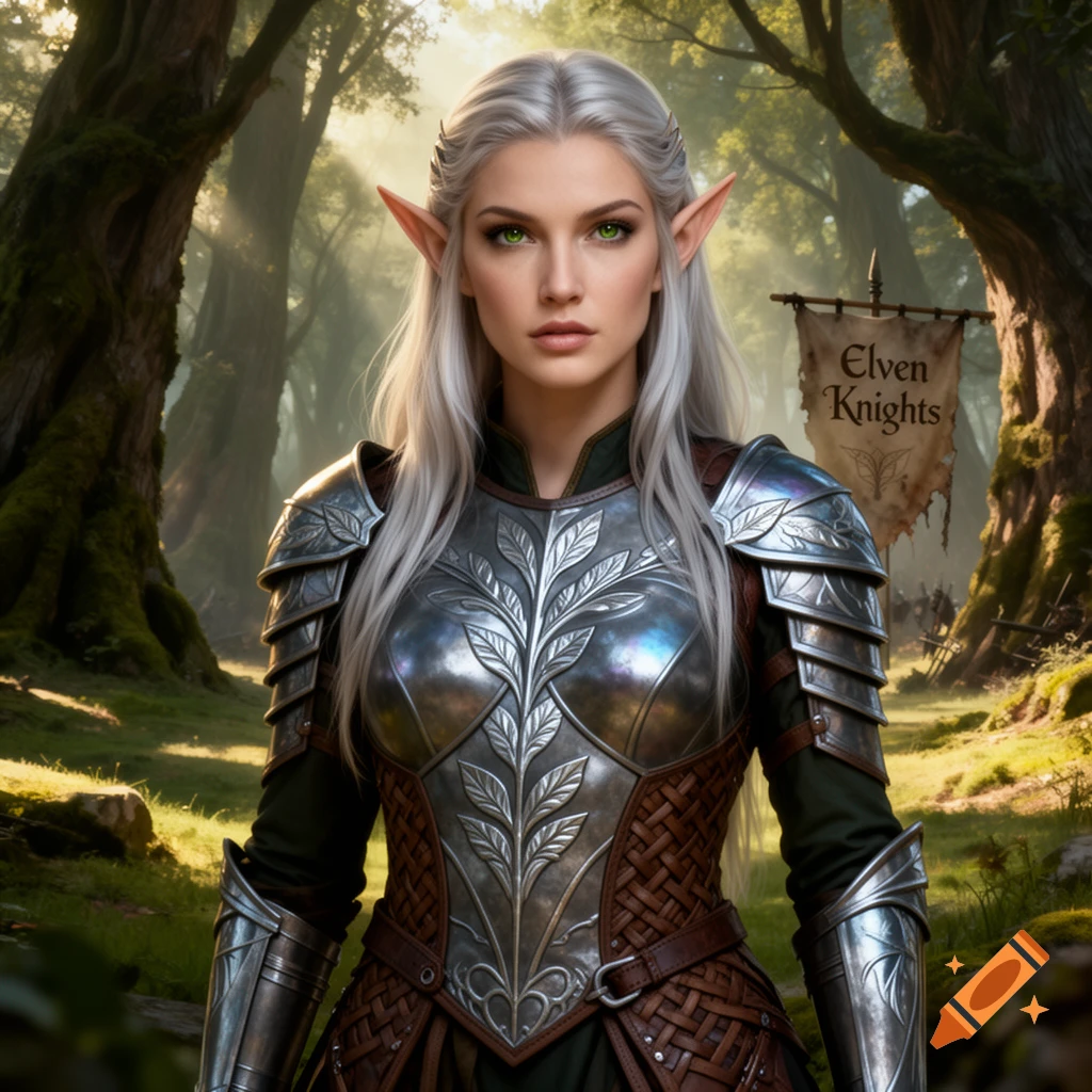A photorealistic portrait of a female elf general with silver hair, green eyes, and pointed ears, in intricate silver and leather armor, standing in a sun-dappled forest.