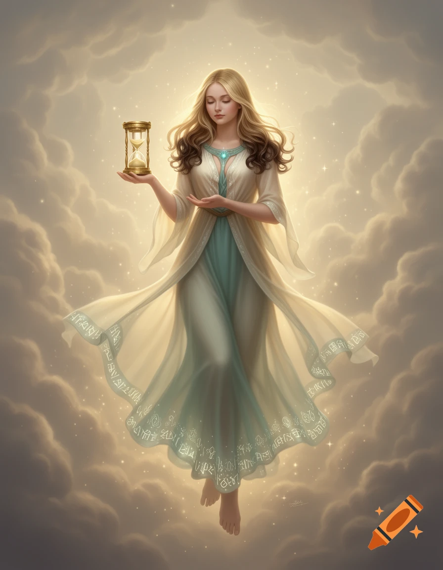 A beautiful goddess-like woman with long blonde hair floats among golden clouds, holding a golden hourglass. Her sheer, flowing cream and teal dress has subtle runic patterns along the hem.
