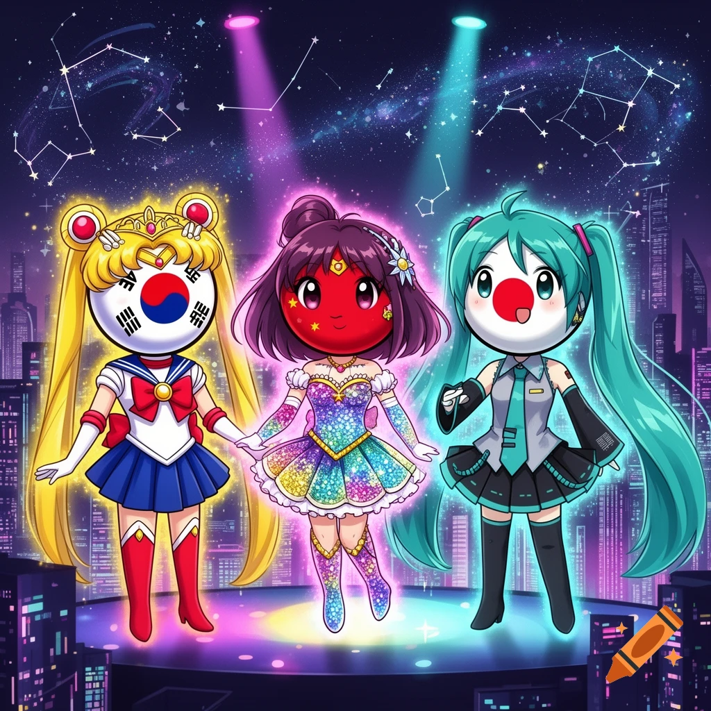 Anime-style characters with country flag faces: South Korea as Sailor Moon, China as a colorful idol, and Japan as Hatsune Miku, on stage against a night city.