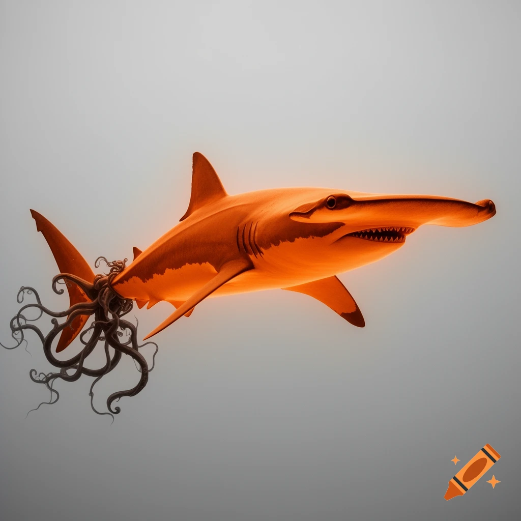 An orange hammerhead shark with dark tentacles instead of a tail, glowing against a light gray background.