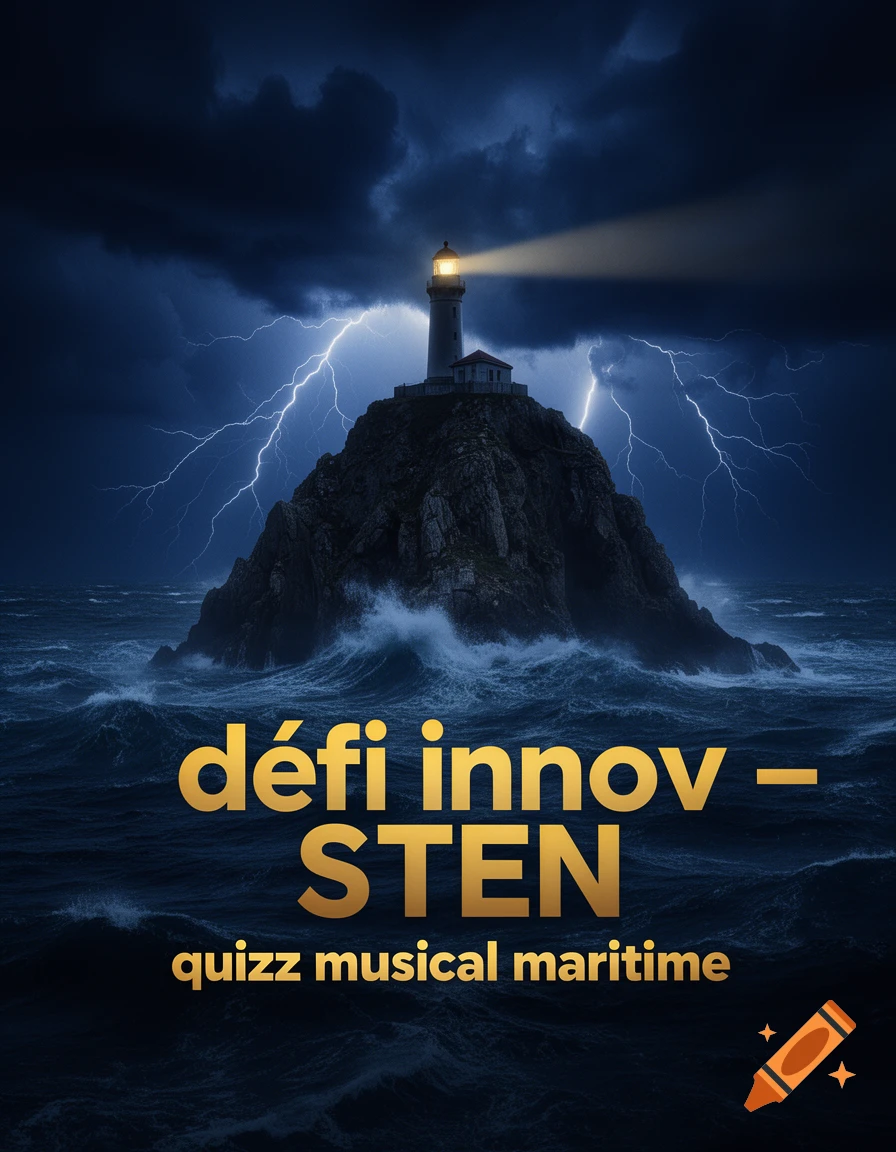 A dramatic movie poster featuring a lighthouse on a rocky island in a stormy sea at night, with lightning striking the dark sky. Golden text reads 'défi innov - STEN quizz musical maritime'.