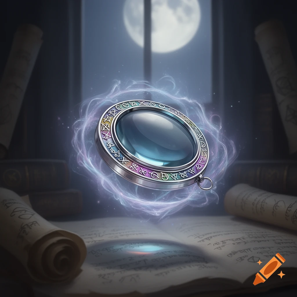 An ornate, glowing silver monocle with colorful symbols floats over an open spellbook in a dark room with a full moon visible through a window.