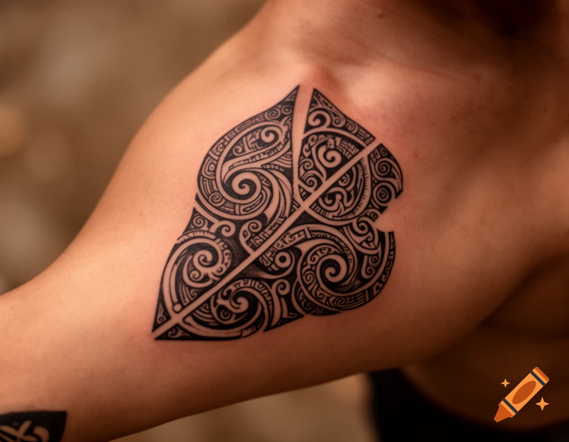 Close-up of a person's upper arm and shoulder, featuring a large, intricate black Maori-style tattoo.
