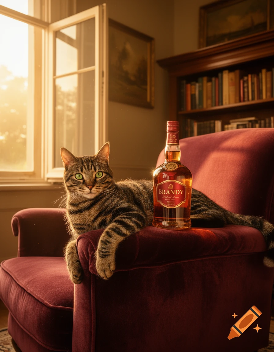 A tabby cat with green eyes sits on a red velvet armchair next to a bottle of brandy in a sunlit room.