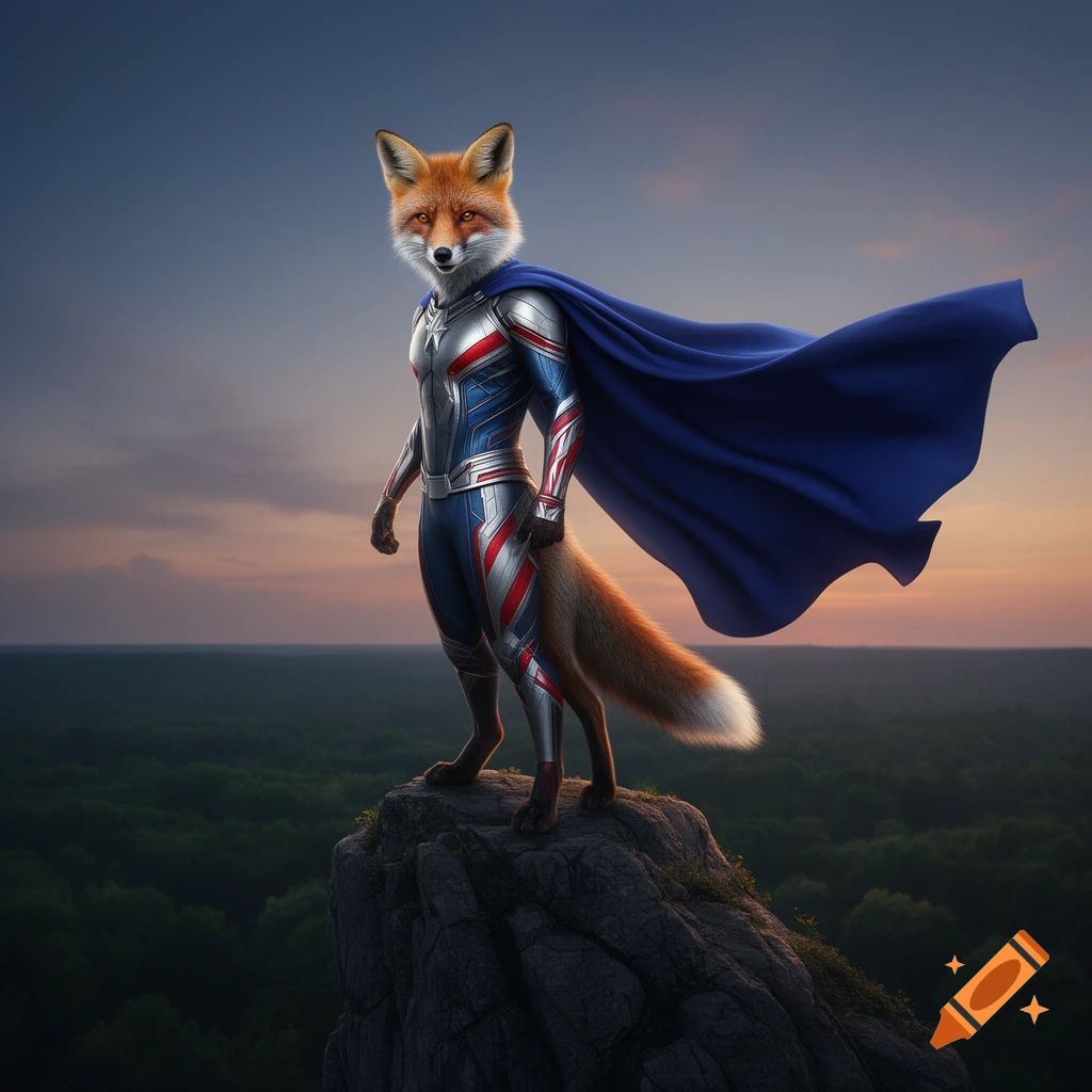 A majestic photorealistic fox superhero in a blue, red, and silver suit ...