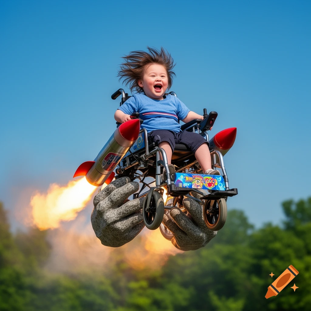 A joyful child with windblown hair in a rocket-powered wheelchair, held by large stone hands, flies against a clear blue sky.