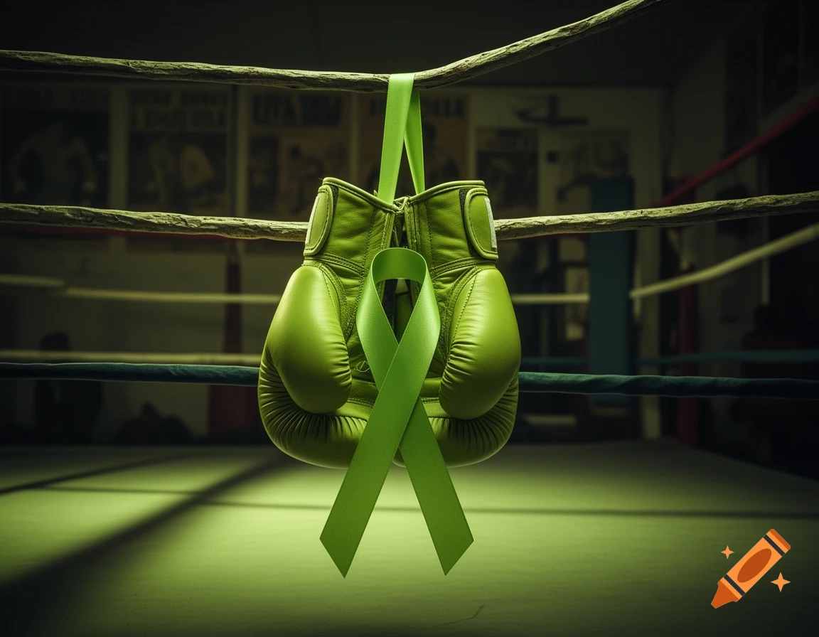 A pair of lime green boxing gloves with a matching cancer awareness ribbon hanging in a dimly lit boxing ring.