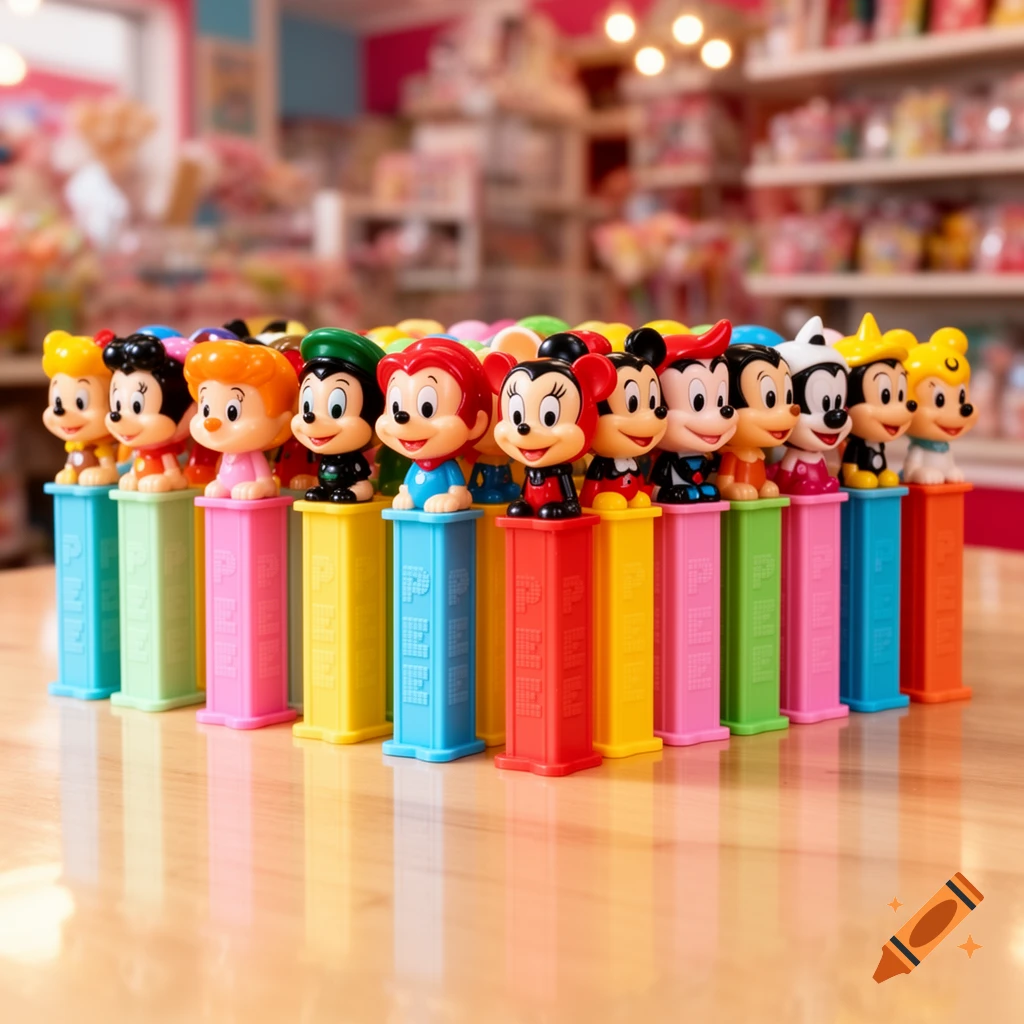 A colorful line of Pez candy dispensers with various cartoon character heads on a shiny wooden table, inside a vibrant candy store.