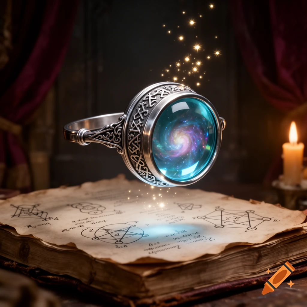 A magical silver ring with a swirling galaxy inside its lens floats over an ancient spellbook glowing with blue light, with golden sparkles rising upwards and a lit candle nearby.