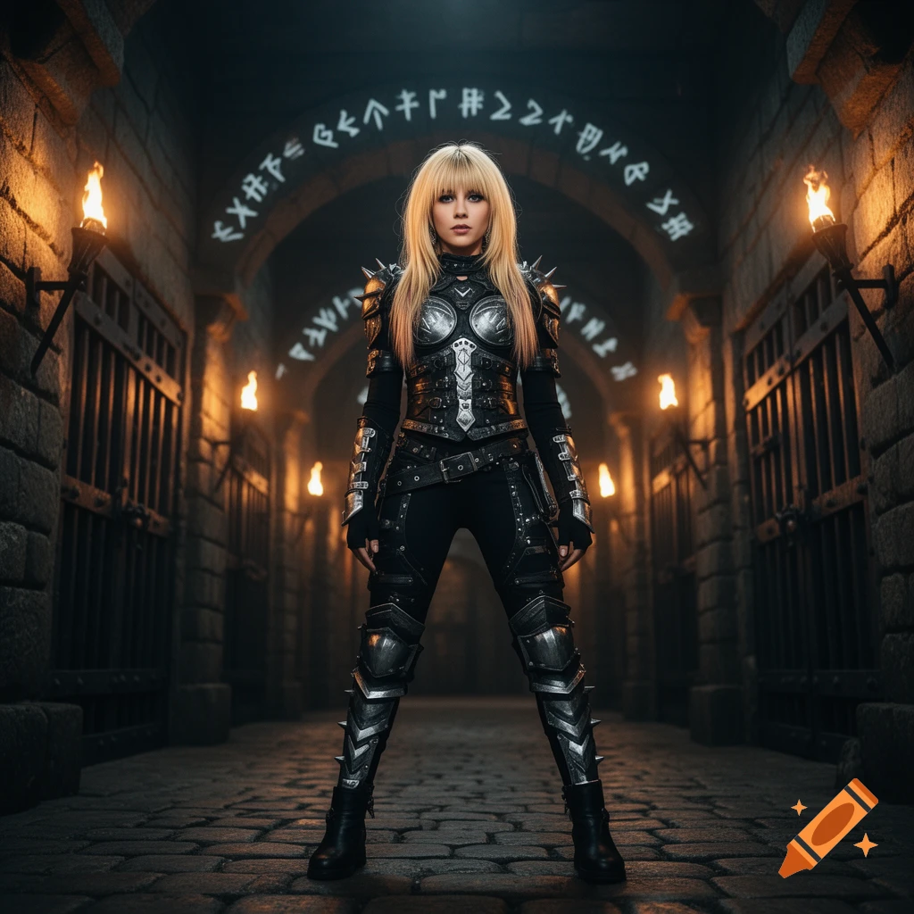 A blonde woman in black and silver studded armor stands in a dark dungeon hallway with flaming torches and runic symbols on the arches.