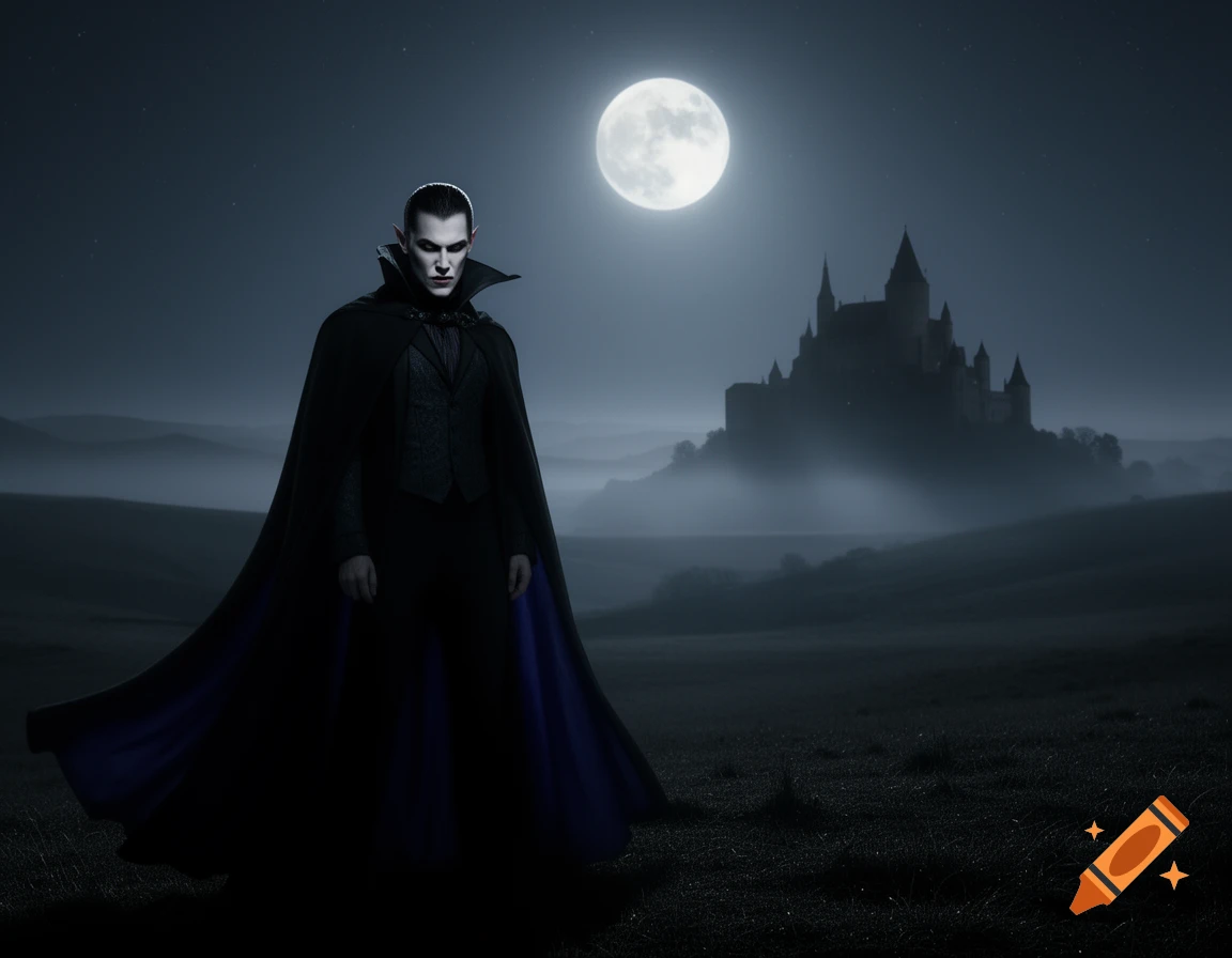 A pale vampire in a black cape with a blue lining stands in a misty, moonlit field with a dark castle in the distance.