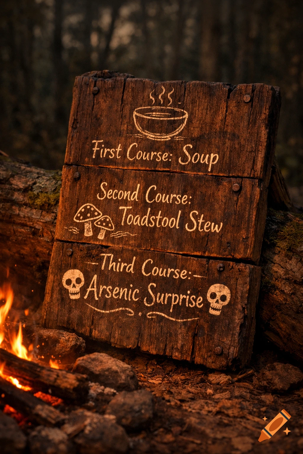 A rustic wooden menu sign by a campfire in a dark forest, listing 'Soup', 'Toadstool Stew', and 'Arsenic Surprise' with illustrations.