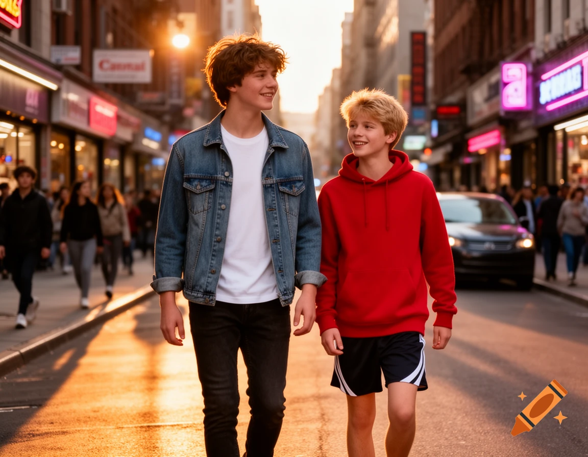 Two smiling teenage boys, one with brown hair and a denim jacket, the other with blonde hair and a red hoodie, walk on a sunny city street.