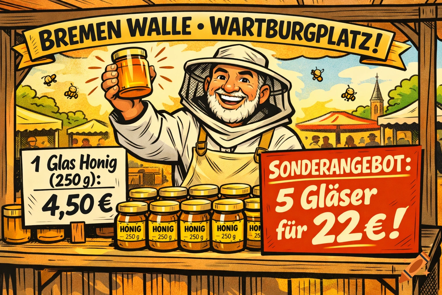 A friendly beekeeper in a comic art style sells honey at a market stand, holding up a jar, with price signs for honey.