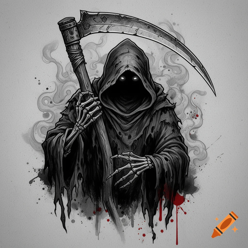 Gritty ink drawing of a hooded Grim Reaper with glowing eyes and skeletal hands, holding a large scythe, with smoky elements and red splatters.