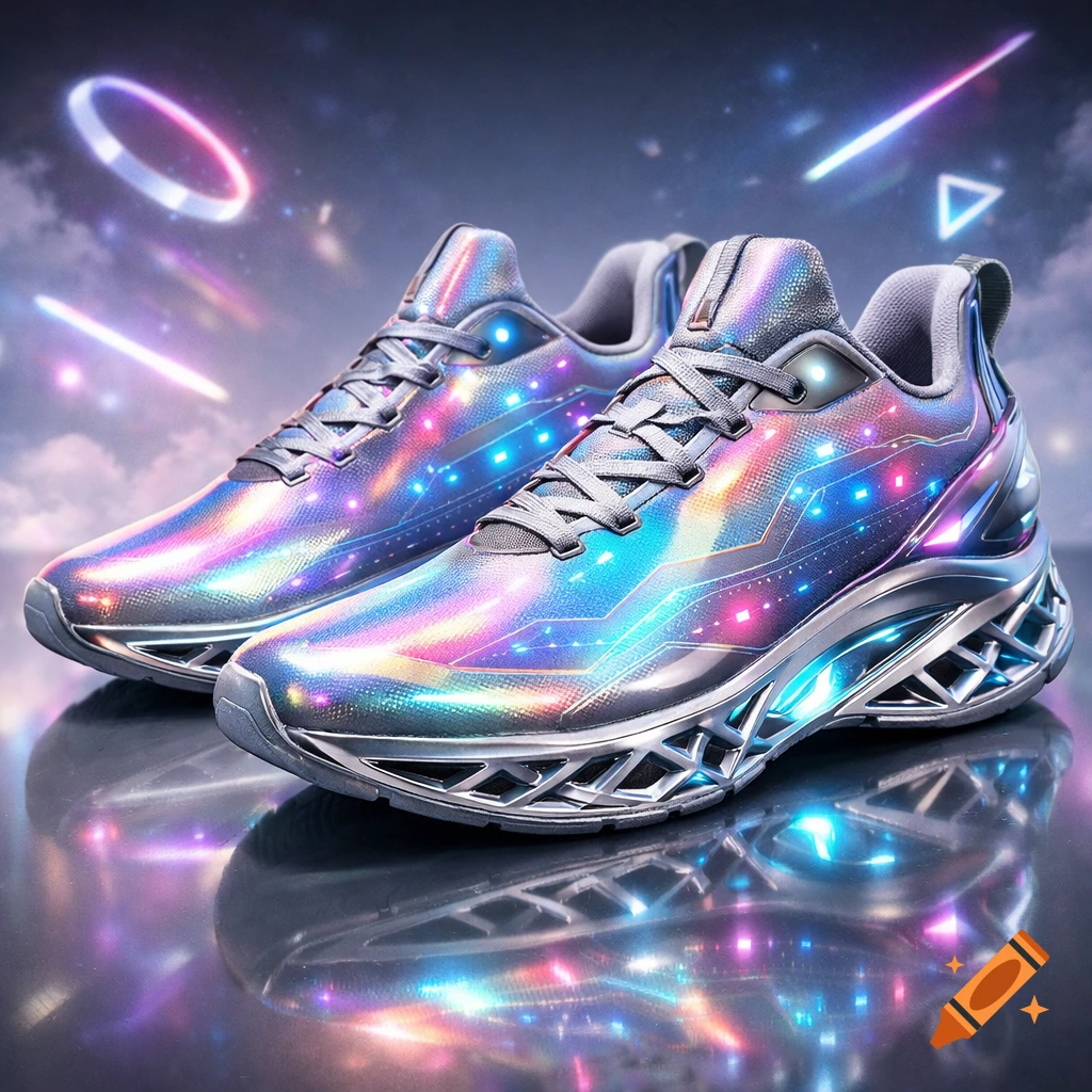 A pair of futuristic, iridescent sport shoes with glowing neon accents and geometric patterns, reflected on a dark surface, against a dreamy sky.