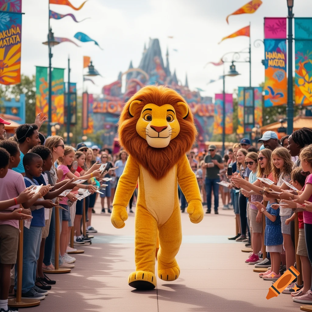 Simba mascot walks through a crowd of children reaching out in a sunny theme park with a castle in the background.