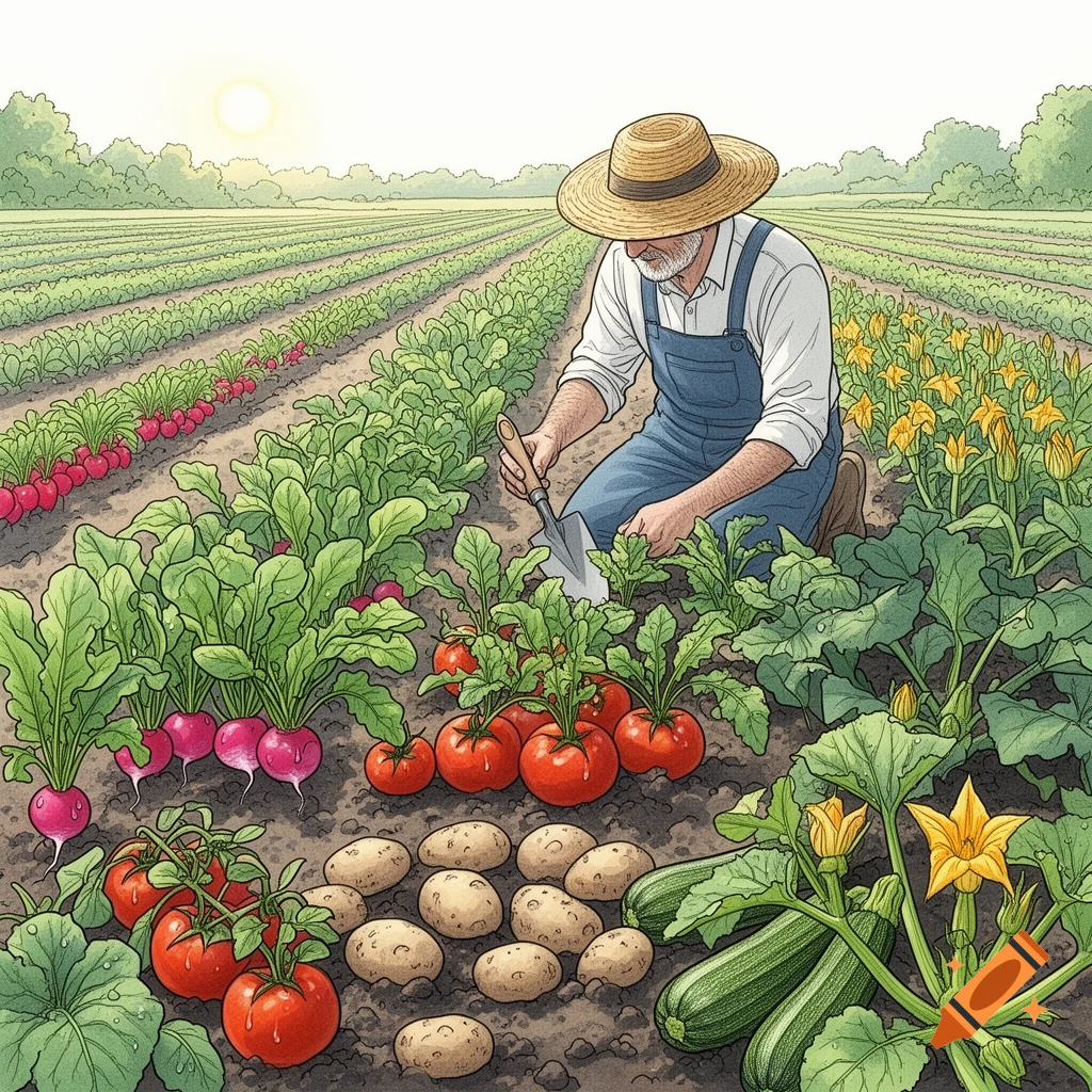 Illustrated man gardening in a vegetable patch with radishes, tomatoes, potatoes, and zucchini.
