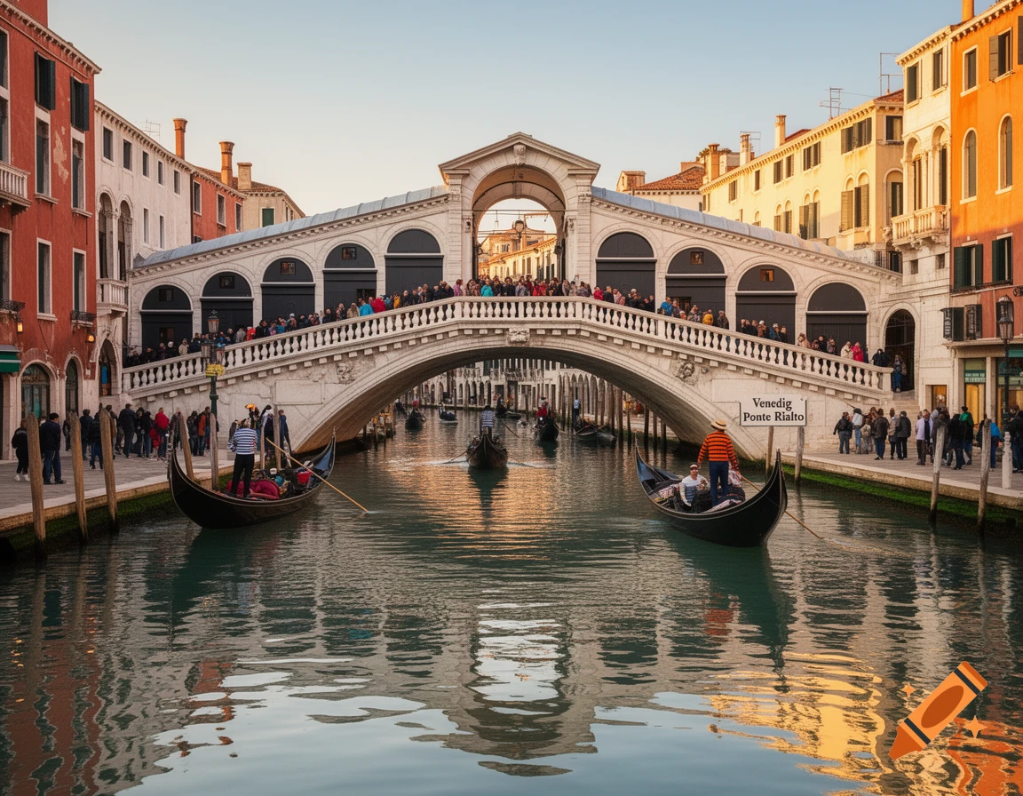 A scenic view of the Rialto Bridge over a canal in Venice, with gondolas and people.