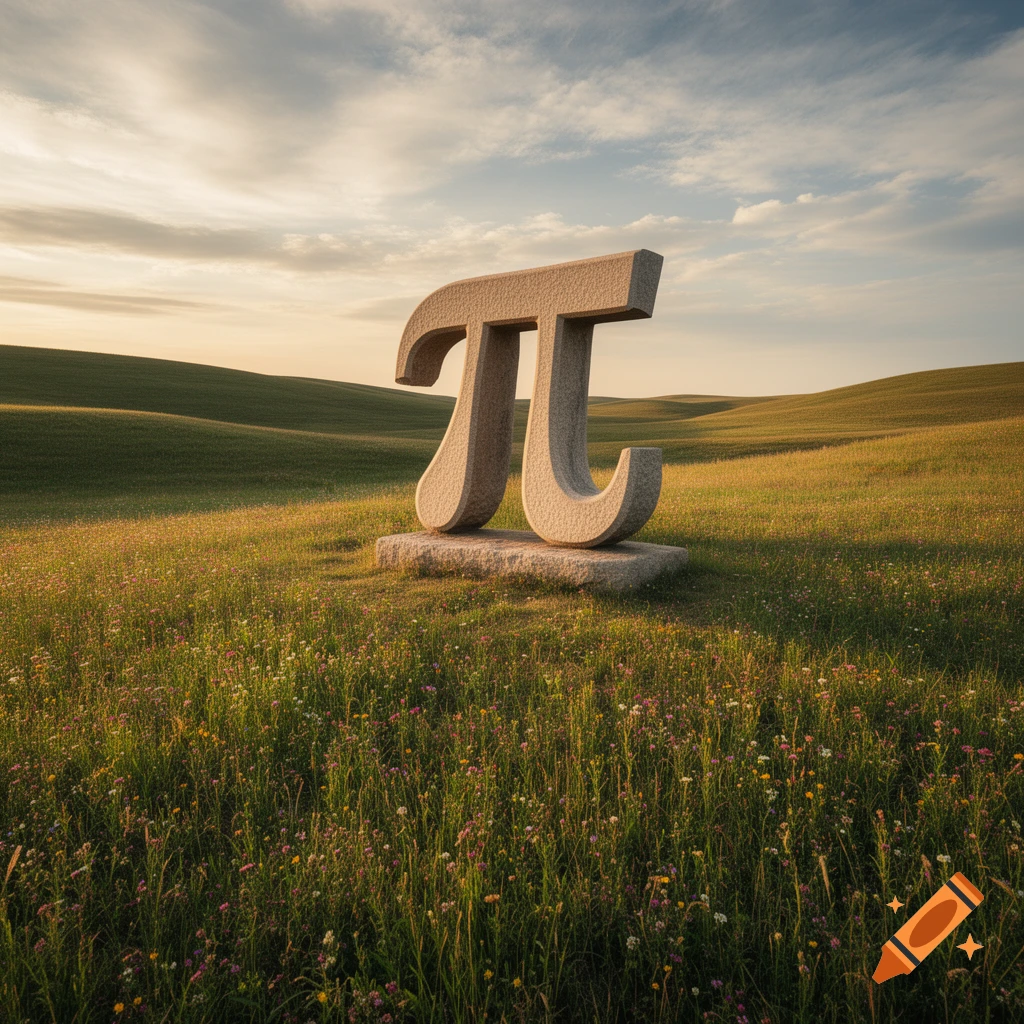 A large stone monument of the Pi symbol stands in a vibrant green field under a partly cloudy sky at sunset.
