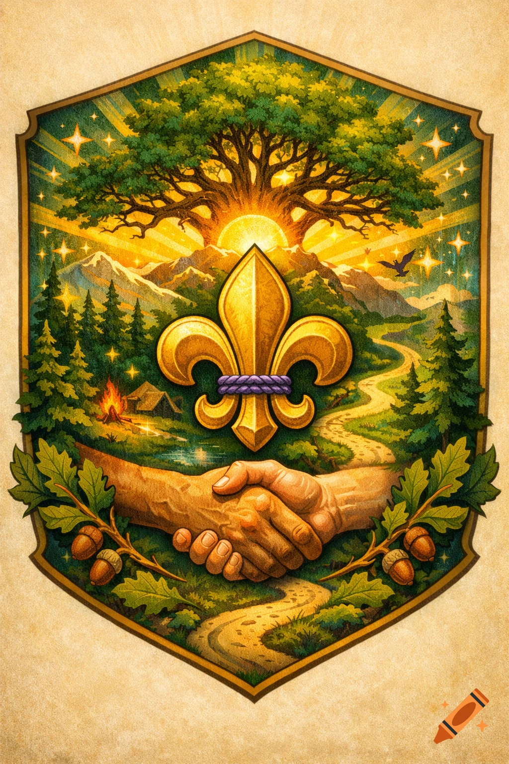 A stylized emblem featuring a golden fleur-de-lis over a sunrise, tree, mountains, and a winding path, with two hands shaking and oak leaves at the bottom.