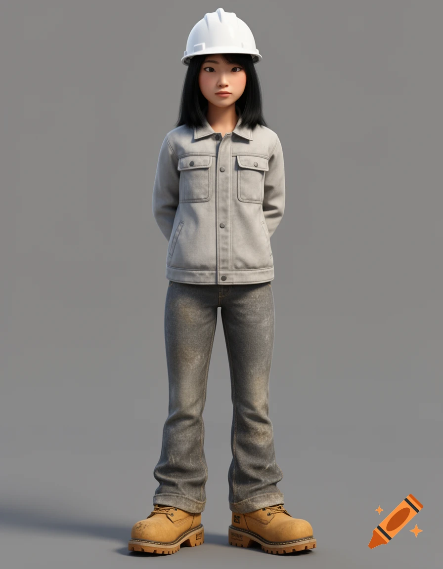 A 3D portrait of a young Asian woman in a white hard hat, grey jacket, work pants, and tan Caterpillar work boots.