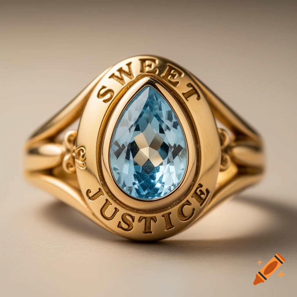 Close-up of a yellow gold ring with a teardrop light blue topaz gem, engraved with 'SWEET' and 'JUSTICE'.