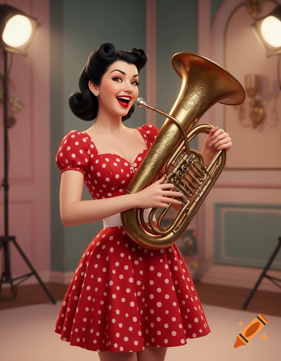 Smiling pin-up woman in a red polka-dot dress with dark retro hair, holding a large bronze tuba in a studio.