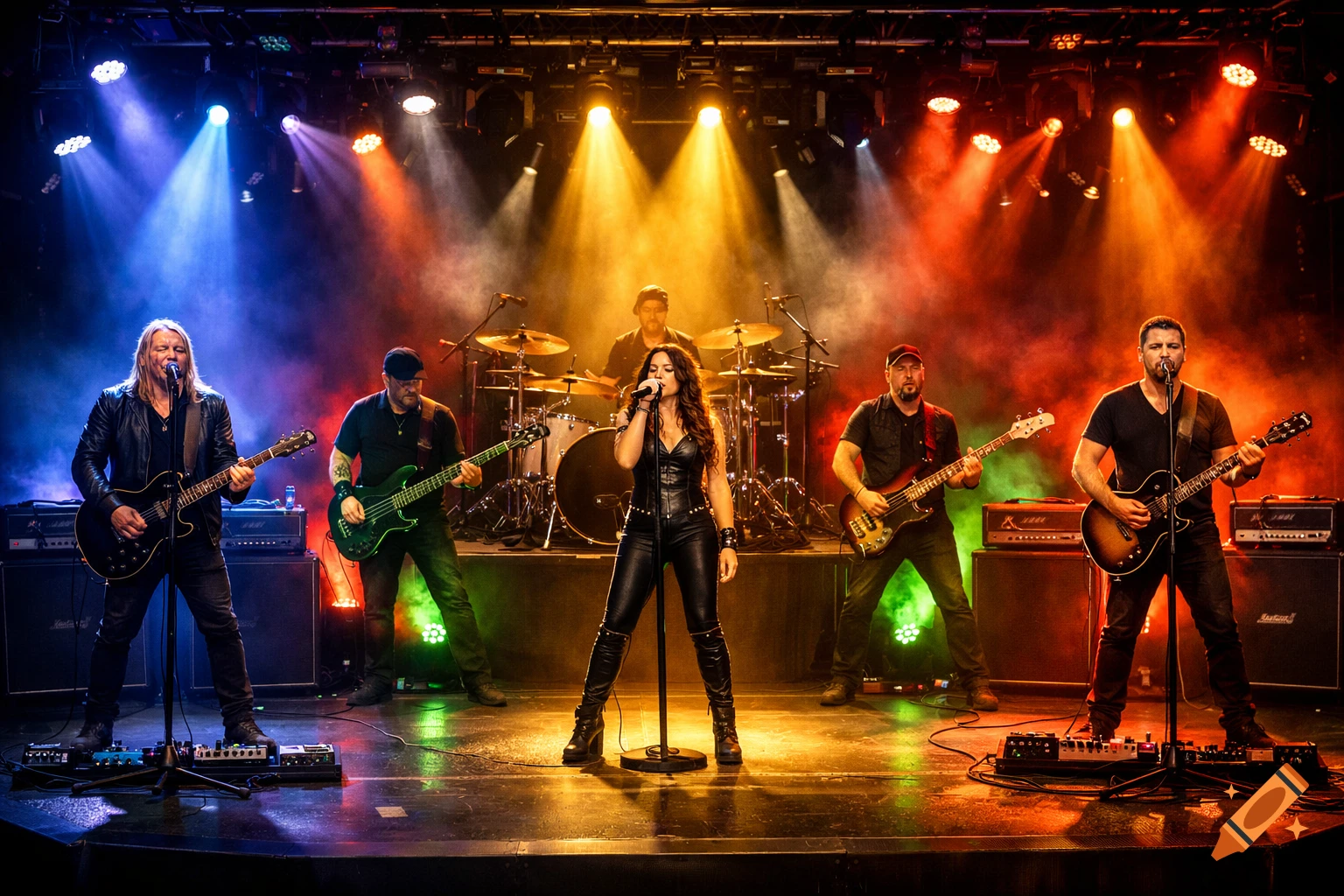 A rock band with a female lead singer performs on a stage lit by colorful spotlights, surrounded by instruments and equipment.