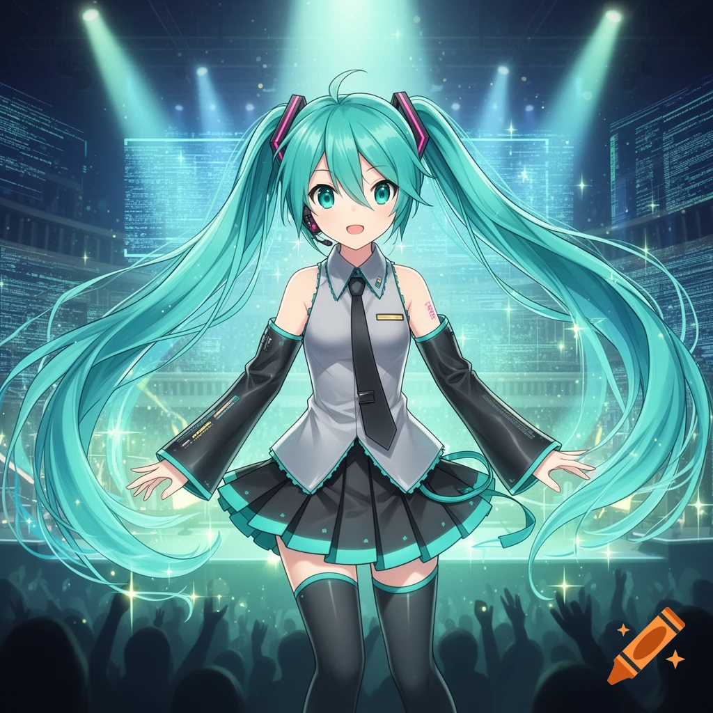 Anime-style illustration of Hatsune Miku performing on a brightly lit stage in front of a cheering crowd.