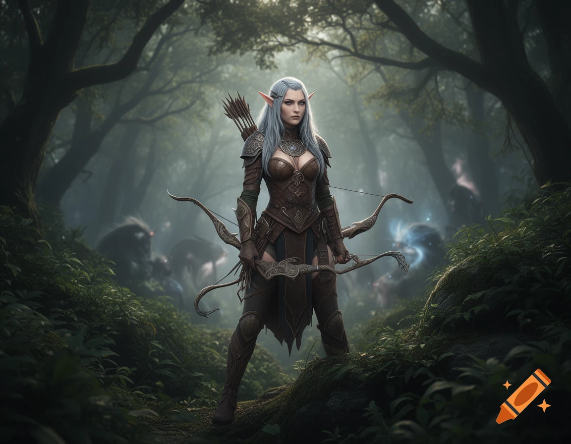 An elf hunter with long white hair and pointed ears stands holding a bow and arrow in a misty, dark forest.