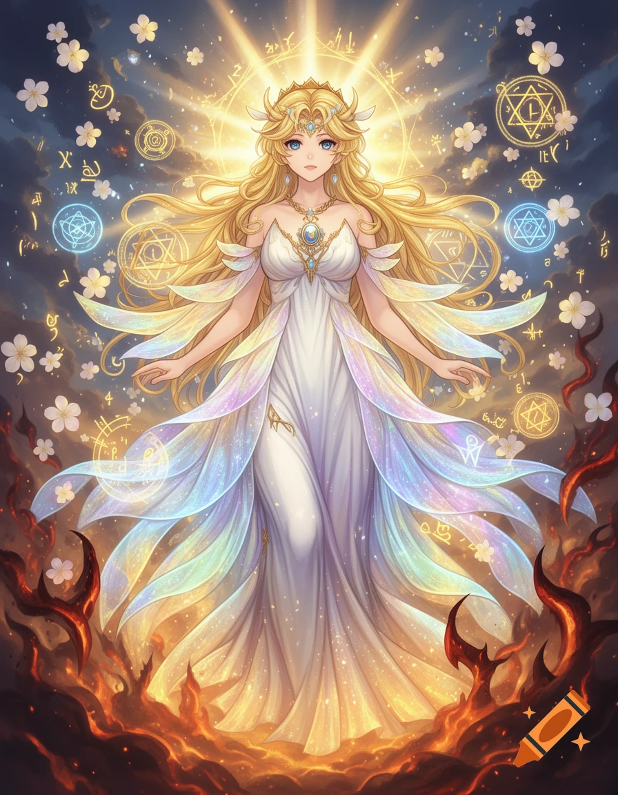 Anime goddess with blonde hair, a white iridescent gown, radiating golden light and magic symbols, standing amidst flames.