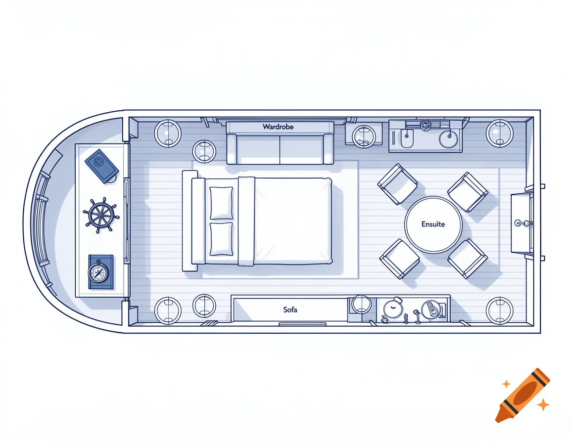 Top-down blueprint illustration of a cruise room with a bed, wardrobe, sofa, dining table, and ensuite bathroom.