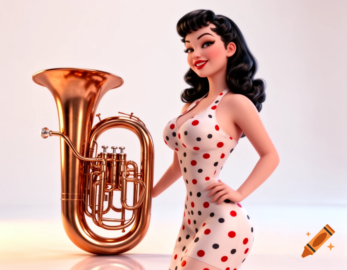 A stylized 3D pin-up woman in a polka dot dress stands smiling next to a bronze tuba.
