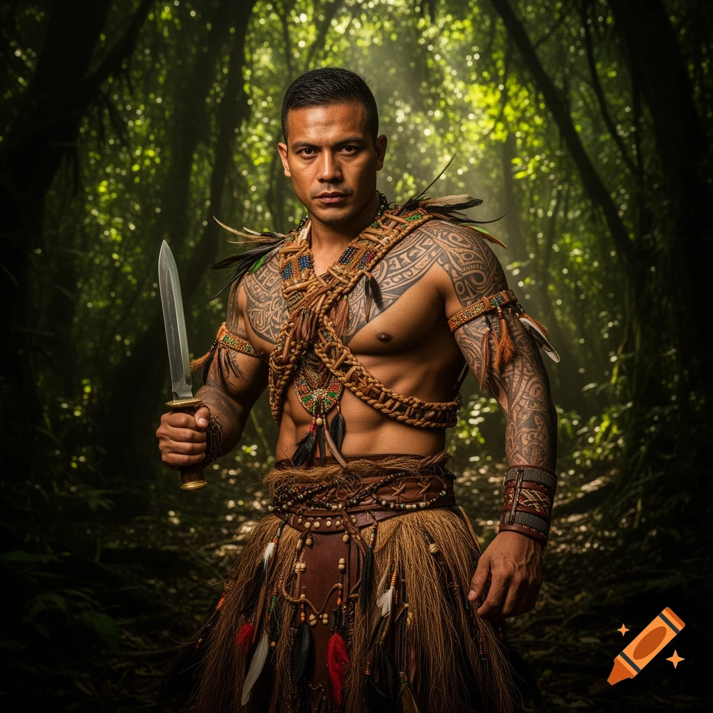 Muscular, tattooed man in tribal attire, holding a knife, stands in a lush jungle, looking intensely forward. Photorealistic.